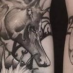 Tattoos - Art Nouveau Seahorse, stingray, black and grey sketchy stippling on calves - 130517